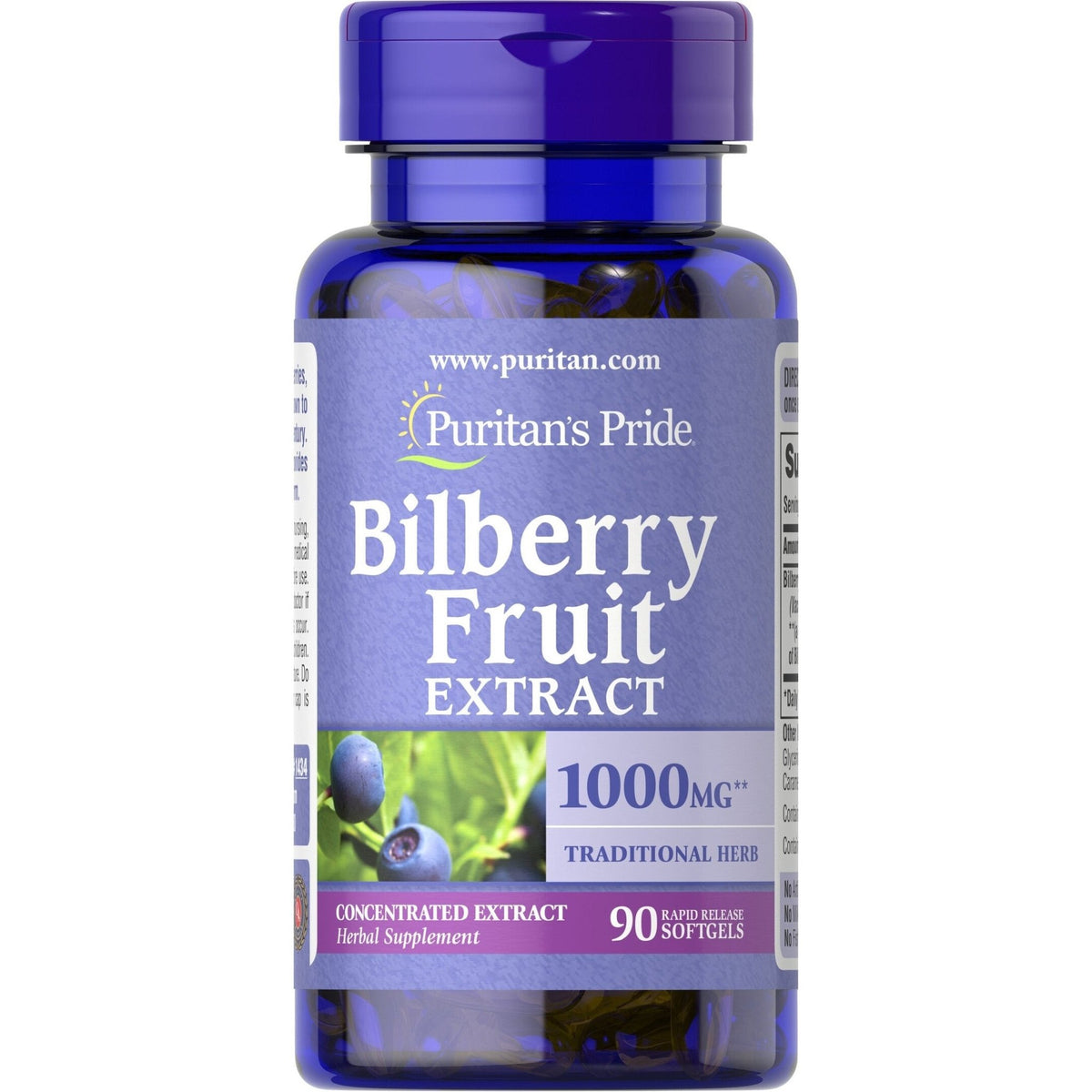 Puritan's Pride Bilberry Fruit Extract 1000 mg 90 softgels Borówka - Sklep Witaminki.pl