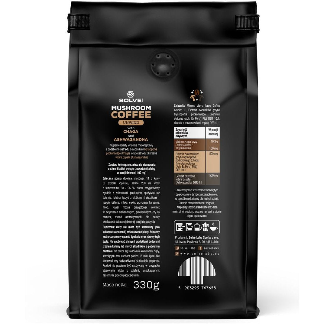 Solve Labs Mushroom Coffee Chaga + Ashwagandha 330g Kawa z Grzybami i Adaptogenami - Sklep Witaminki.pl