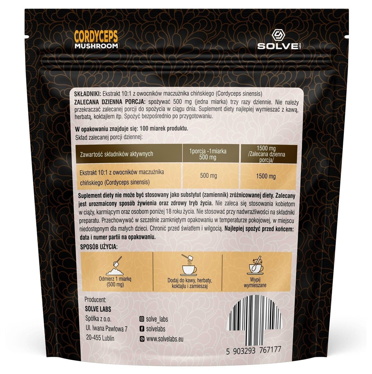 Kordyceps Solve Labs Cordyceps Mushroom Powder 50g - Sklep Witaminki.pl