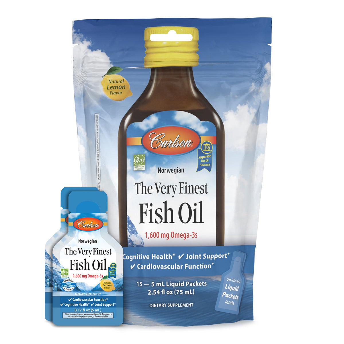 Carlson Labs The Very Finest Fish Oil 1600mg Omega - 3 Pouch Lemon 15 x 5 ml Kwasy Omega - 3 - Sklep Witaminki.pl