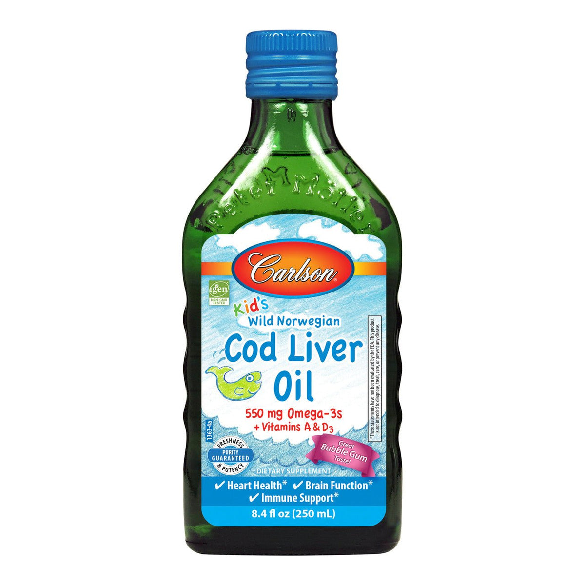 Carlson Labs Kid's Cod Liver Oil 550mg Omega - 3 250 ml Bubble Gum Kwasy Omega - 3 dla Dzieci - Sklep Witaminki.pl
