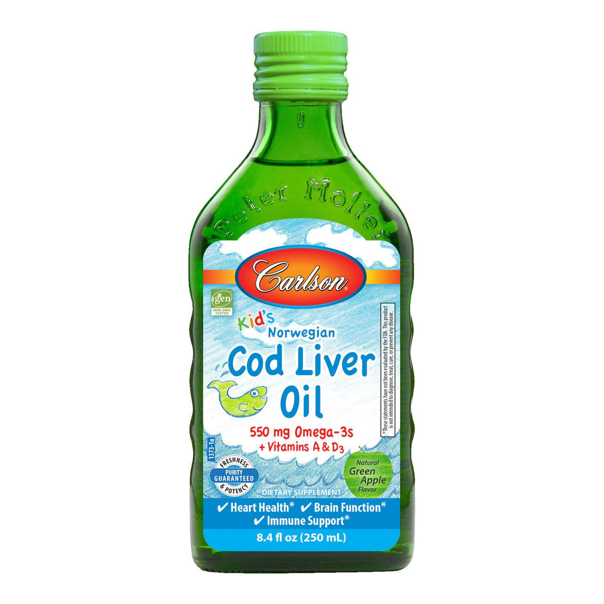 Carlson Labs Kid's Cod Liver Oil 550mg Omega - 3 250 ml Green Apple Kwasy Omega - 3 dla Dzieci - Sklep Witaminki.pl