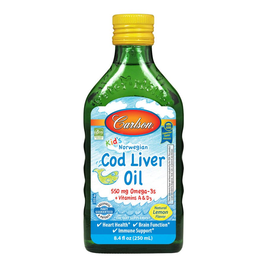 Carlson Labs Kid's Cod Liver Oil 550mg Omega - 3 250 ml Lemon Kwasy Omega - 3 dla Dzieci - Sklep Witaminki.pl
