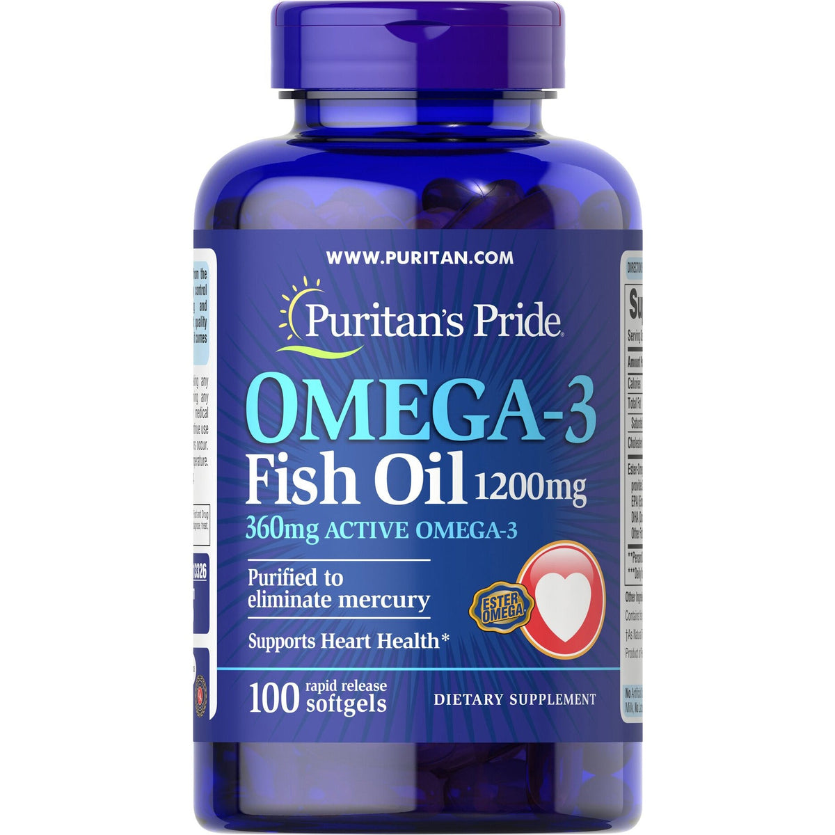 Puritan's Pride Omega - 3 Fish Oil 1200 mg 100 softgels Kwasy Omega - 3 - Sklep Witaminki.pl