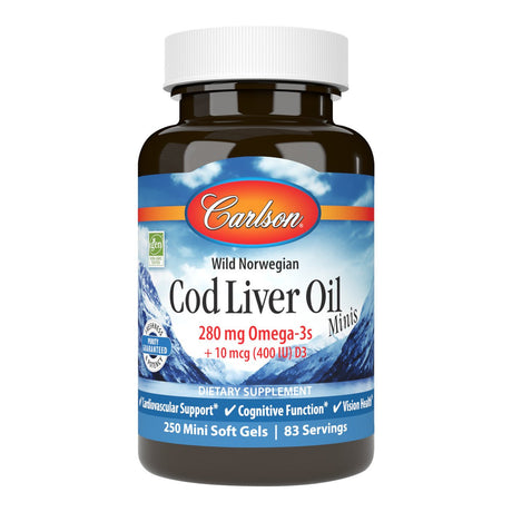 Olej z Wątroby Dorsza Carlson Labs Cod Liver Oil Minis 280mg Omega-3 250 mini softgels - Sklep Witaminki.pl