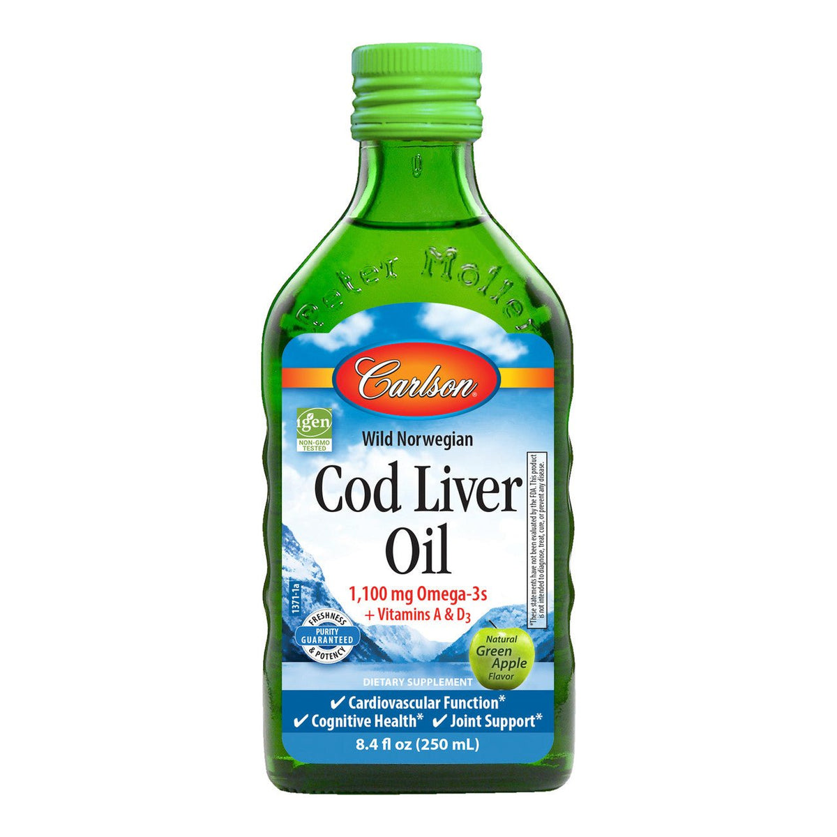 Carlson Labs Wild Norwegian Cod Liver Oil 1100mg Omega - 3 250 ml Green Apple Olej z Wątroby Dorsza - Sklep Witaminki.pl