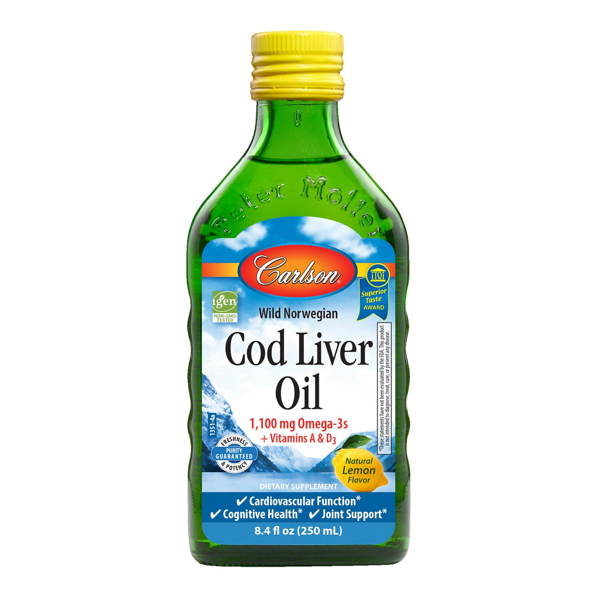 Carlson Labs Wild Norwegian Cod Liver Oil 1100mg Omega - 3 250 ml Lemon Olej z Wątroby Dorsza - Sklep Witaminki.pl