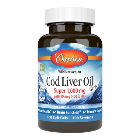 Olej z Wątroby Dorsza Carlson Labs Wild Norwegian Cod Liver Oil Gems 1000mg 100 softgels - Sklep Witaminki.pl