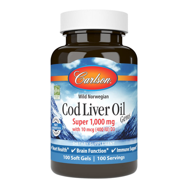 Olej z Wątroby Dorsza Carlson Labs Wild Norwegian Cod Liver Oil Gems 1000mg 100 softgels - Sklep Witaminki.pl