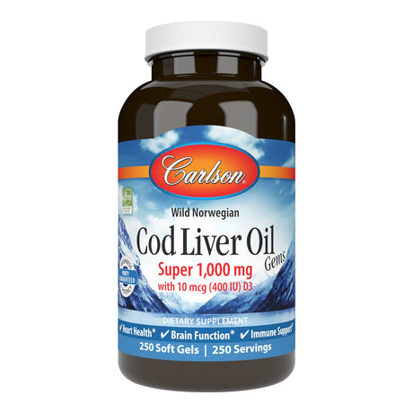 Olej z Wątroby Dorsza Carlson Labs Wild Norwegian Cod Liver Oil Gems 1000mg 250 softgels - Sklep Witaminki.pl