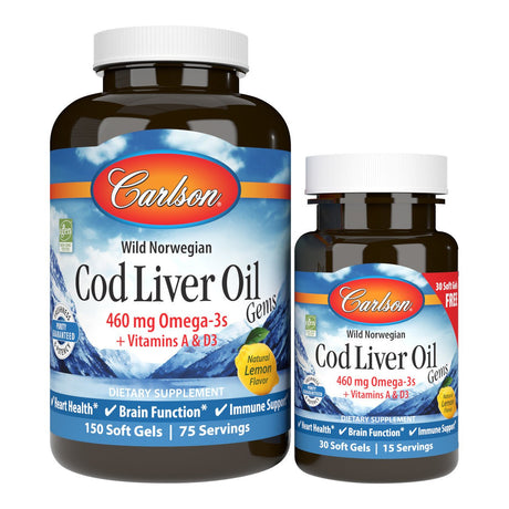Olej z Wątroby Dorsza Carlson Labs Wild Norwegian Cod Liver Oil Gems 460mg 150 + 30 softgels Lemon - Sklep Witaminki.pl