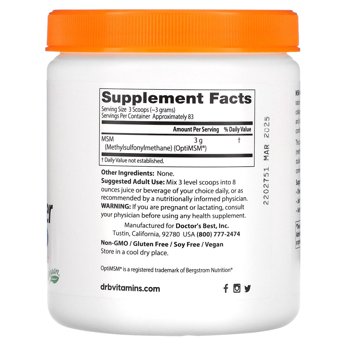 Siarka Doctor's BEST MSM with OptiMSM Vegan Powder 250 g - Sklep Witaminki.pl