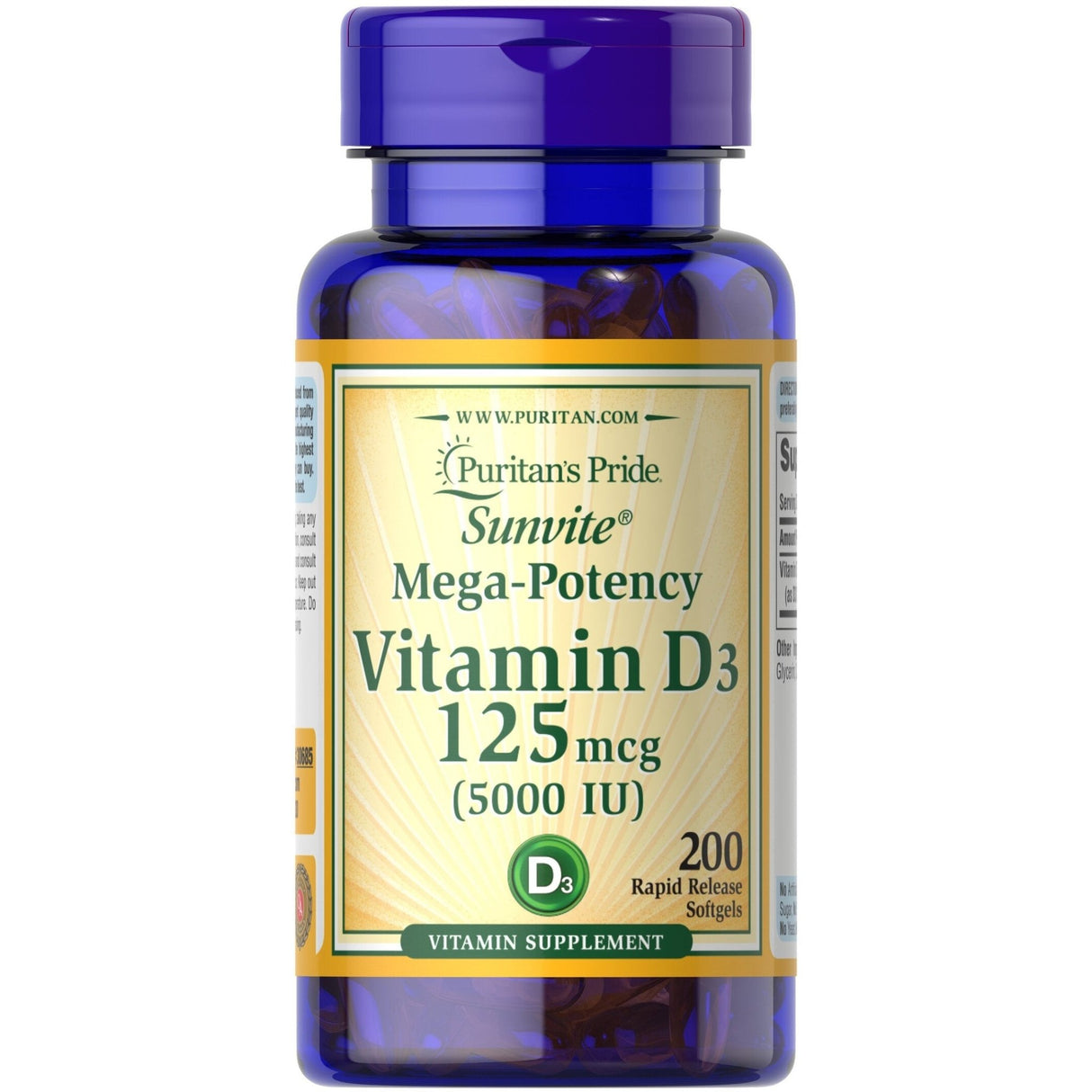 Puritan's Pride Vitamin D3 5000 IU 200 softgels Witamina D3 - Sklep Witaminki.pl