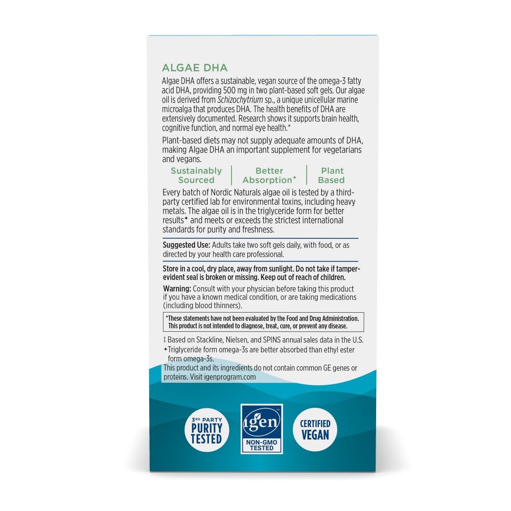 Nordic Naturals Algae DHA 60 softgels Kwasy Omega - 3 dla Wegan - Sklep Witaminki.pl