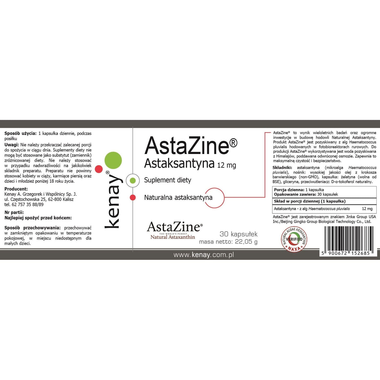 Astaksantyna Kenay AstaZine Astaksantyna 12 mg 30 caps - Sklep Witaminki.pl