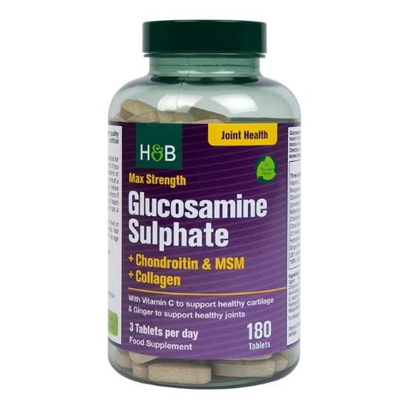 Holland & Barrett Max Strength Glucosamine Sulphate + Chondroitin & MSM + Collagen 180 tabs - Sklep Witaminki.pl