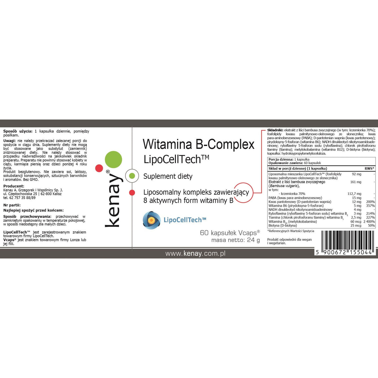 Kompleks witamin z grupy B Kenay Witamina B-Complex Lipocelltech™ 60 caps - Sklep Witaminki.pl
