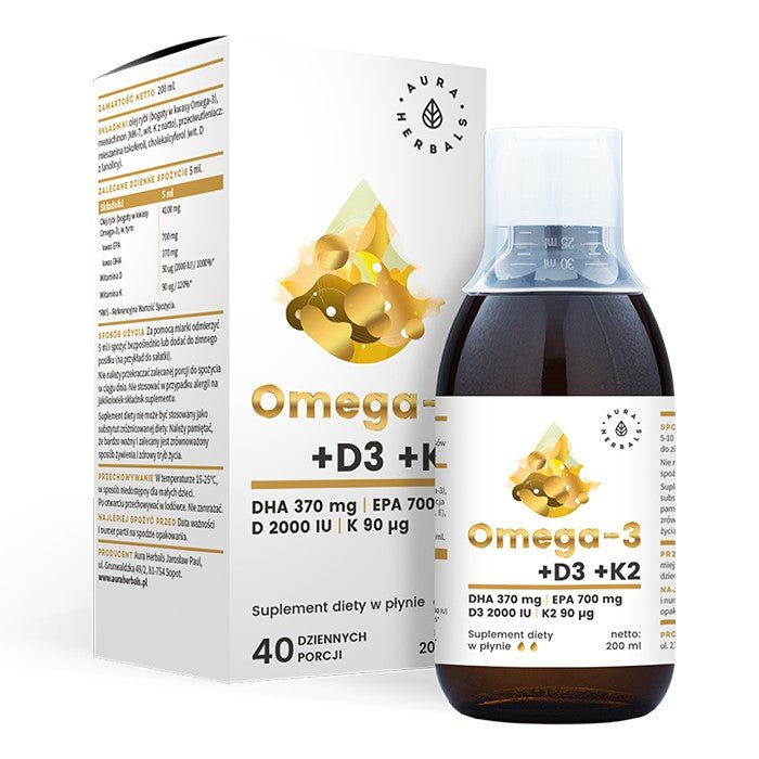 Kwasy Omega-3 Aura Herbals Omega-3 370 DHA + D3 2000IU + K2MK7 w płynie 200 ml - Sklep Witaminki.pl