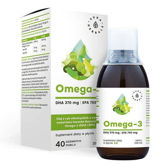 Kwasy Omega-3 Aura Herbals Omega-3 370 DHA i 700 EPA w płynie 200 ml - Sklep Witaminki.pl
