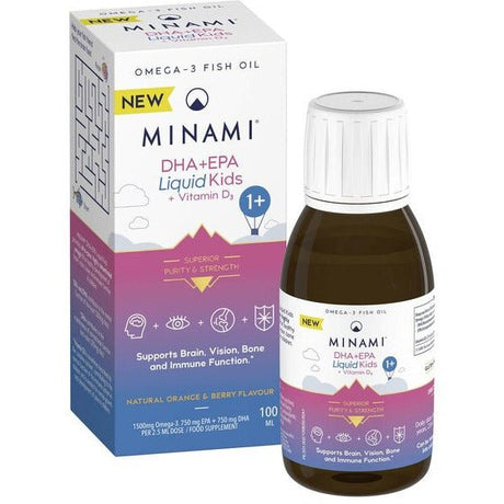 Kwasy Omega-3 dla Dzieci Minami DHA+EPA Liquid Kids + Vitamin D3 Natural Orange & Berry 100 ml - Sklep Witaminki.pl