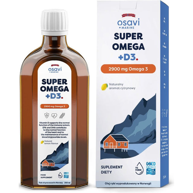 Kwasy Omega-3 Osavi Super Omega + D3 (Marine) 2900mg Omega 3 Cytryna 250 ml - Sklep Witaminki.pl