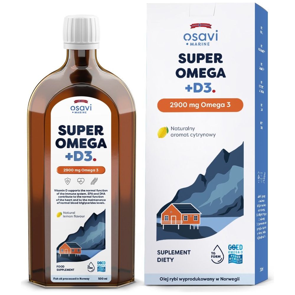 Kwasy Omega-3 Osavi Super Omega + D3 (Marine) 2900mg Omega 3 Cytryna 500 ml - Sklep Witaminki.pl