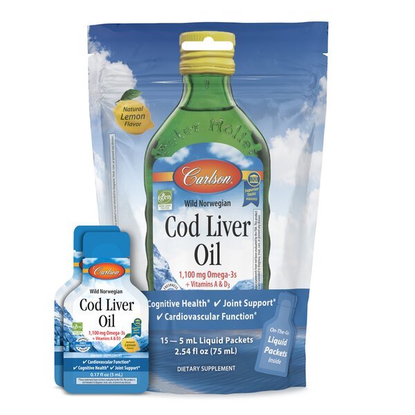 Olej z Wątroby Dorsza Carlson Labs Wild Norwegian Cod Liver Oil 1100mg Omega-3 Pouch Lemon 15 x 5 ml - Sklep Witaminki.pl