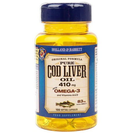 Olej z Wątroby Dorsza Holland & Barrett Cod Liver Oil 410mg 100 softgels - Sklep Witaminki.pl