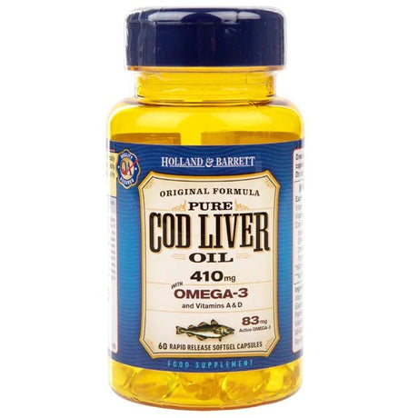 Olej z Wątroby Dorsza Holland & Barrett Cod Liver Oil 410mg 60 softgels - Sklep Witaminki.pl