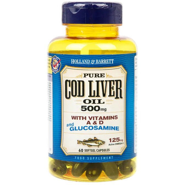 Olej z Wątroby Dorsza Holland & Barrett Cod Liver Oil and Glucosamine 500mg 60 caps - Sklep Witaminki.pl