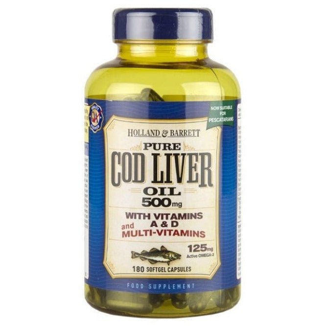 Olej z Wątroby Dorsza Holland & Barrett Cod Liver Oil with Multi Vitamins 500mg 180 softgels - Sklep Witaminki.pl