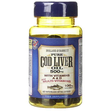 Olej z Wątroby Dorsza Holland & Barrett Cod Liver Oil with Multi Vitamins 500mg 60 softgels - Sklep Witaminki.pl