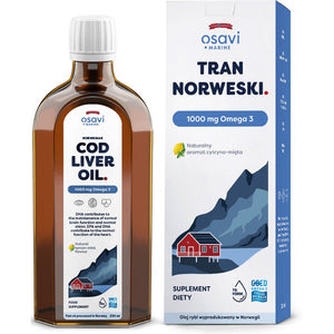 Olej z Wątroby Dorsza Osavi Tran Norweski 1000mg Omega 3 Cytryna & Mięta 250 ml - Sklep Witaminki.pl