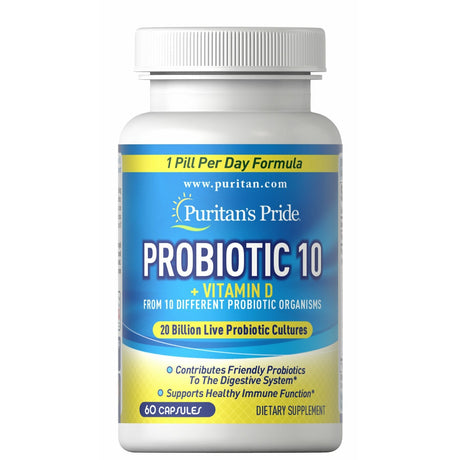 Probiotyk wieloszczepowy Puritan's Pride Probiotic 10 + Vitamin D 60 caps - Sklep Witaminki.pl