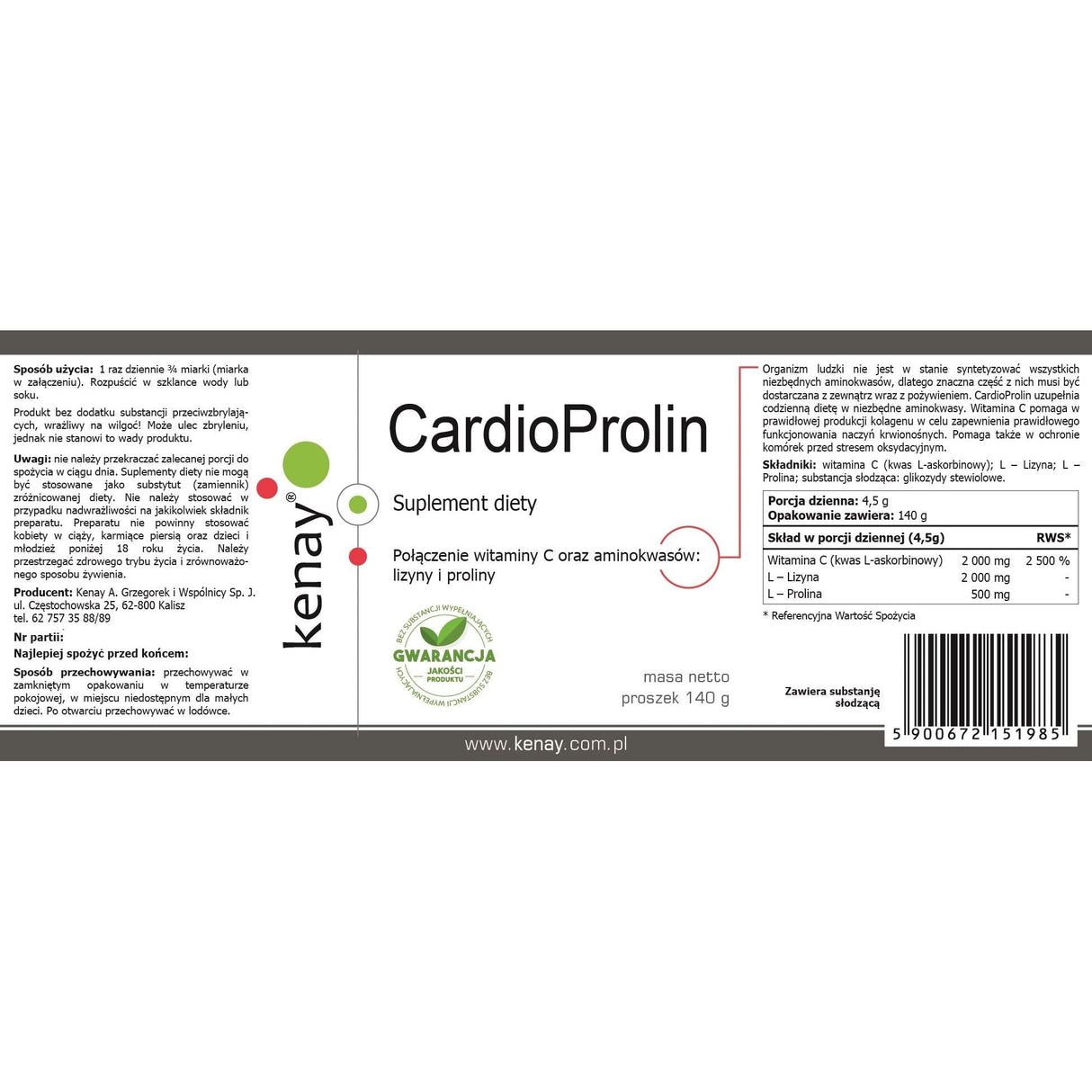 Prolina + Lizyna Kenay CardioProlin 140 g - Sklep Witaminki.pl