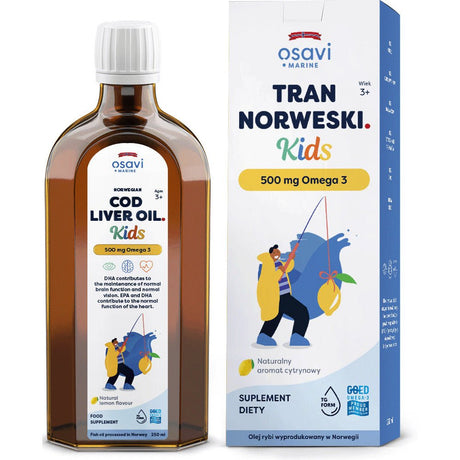 Tran dla Dzieci Osavi Tran Norweski Kids 500mg Omega 3 Cytryna 250 ml - Sklep Witaminki.pl