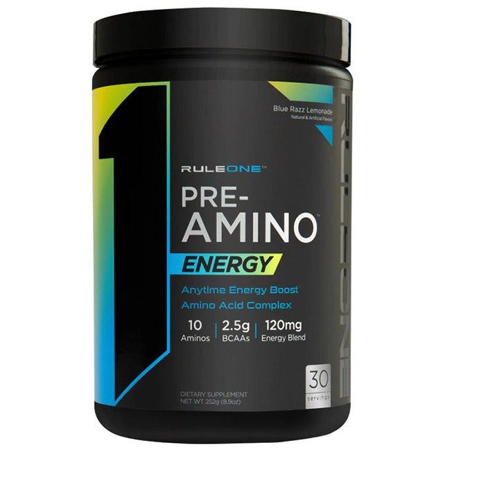 Witaminy i suplementy diety Rule One Pre-Amino Energy Blue Razz Lemonade 252 g - Sklep Witaminki.pl