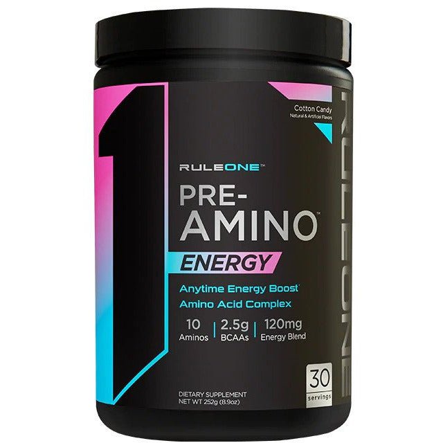 Witaminy i suplementy diety Rule One Pre-Amino Energy Cotton Candy 252 g - Sklep Witaminki.pl