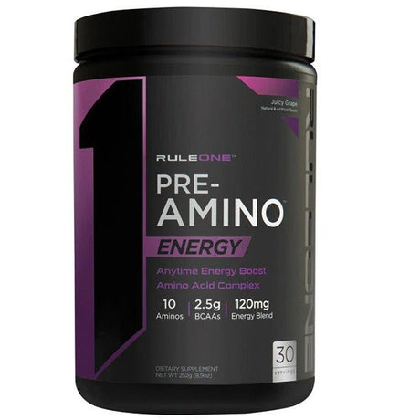 Witaminy i suplementy diety Rule One Pre-Amino Energy Juicy Grape 252 g - Sklep Witaminki.pl