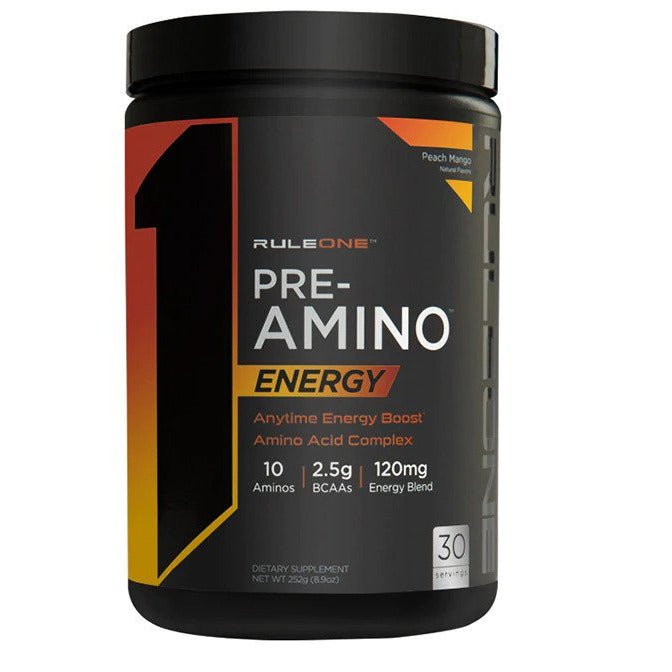 Witaminy i suplementy diety Rule One Pre-Amino Energy Peach Mango 252 g - Sklep Witaminki.pl